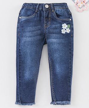 Babyhug Full Length Washed Denim Stretchable Jeans Floral Embroidery- Blue