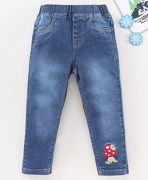 Babyhug Full Length Denim Jeggings Mushroom Embroidery - Blue