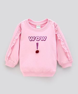 Bonfino Cotton Knit Full Sleeves Sweatshirt With Foil Print And Frill On Sleeves - Pink