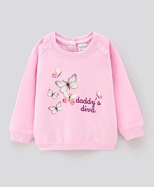Bonfino Cotton Full Raglan Sleeves Sweatshirt Text Embroidery- Pink