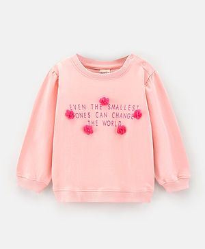 Bonfino Cotton Full Sleeves Sweatshirt With Glitter Print & Flower Detailing - Peach
