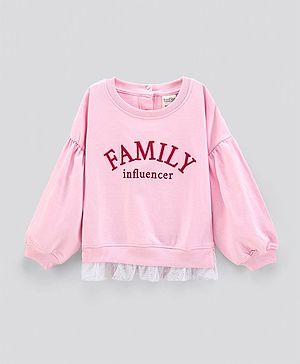 Bonfino Cotton Knit Full Sleeves Sweatshirt With Frill On Sleeves And Embroidery - Pink