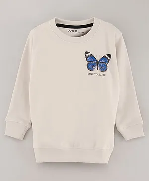 Doreme Cotton Full Sleeves T-Shirt Butterfly Print - Beige