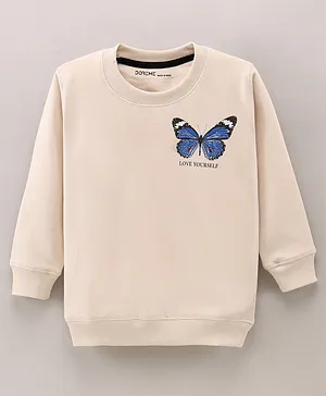 Doreme Full Sleeves Cotton T-shirt Butterfly Print - Cream