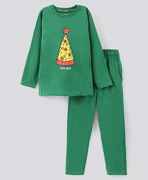 Pine Kids Full Sleeves 100% Cotton Christmas Print Night Suit - Green