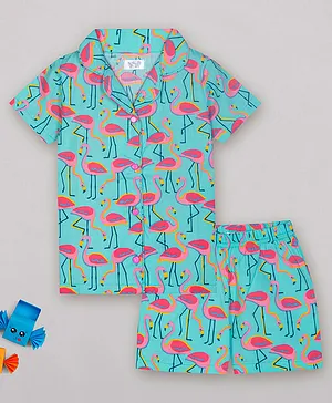 Sheer Love Half Sleeves Flamingo Print Night Suit - Bue