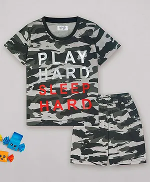 Sheer Love Half Sleeves Play Hard Camouflage Print Night Suit - Grey