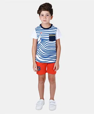 One Friday Boat Print Half Sleeves Striped Tee - Blue