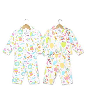 The Mom Store Pack Of 2 Sweet Tooth Dessert & Pajama Party Theme Printed Shirt With Pajama Set - Blue & Pink