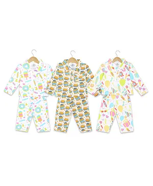 The Mom Store Full Sleeves All Over Peanut Butter & Donut Print Pack Of 3 Night Suits - Yellow Blue