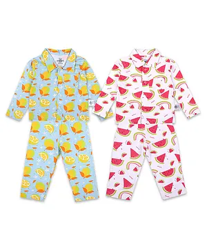 The Mom Store Full Sleeves Watermelon & Lemon Print Pack Of 2 Night Suits - Blue Red