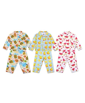 The Mom Store Full Sleeves All Over Fruits Print Pack Of 3 Night Suits - Multi Color