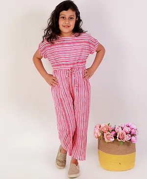 Teeni's Kidswear Half Sleeves Striped Jumpsuit - Pink
