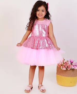Teeni's Kidswear Sleeveless Sequin Embellished Yoke Peplum Party Dress - Pink