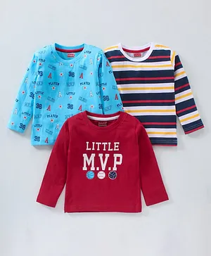Babyhug Cotton Knit Full Sleeves T-Shirts Stripes & Text Print Pack of 3 - Multicolour