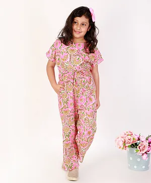 Teeni's Kidswear Half Sleeves Floral Print Jumpsuit - Pink White