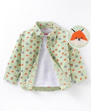 Babyhug Cotton Woven Full Sleeves Shirt With Inner Tee Bear Face - Green