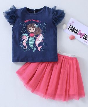 Babyhug Half Sleeves Top & Skirt Mermaid Print - Navy Pink