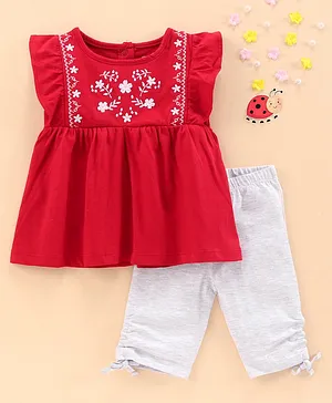 Babyhug Frill Sleeves Knit Top & Leggings Set Floral Embroidery - Red Ecru Grey