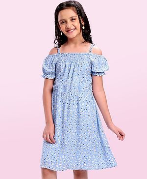 Pine Kids Rayon Woven Cold Shoulder Floral Printed Flared Dress - Sky Blue