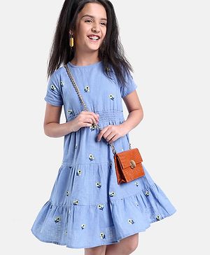 Pine Kids Half Sleeves Floral Embroidered Frock - Light Blue