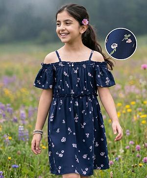 Pine Kids Half Sleeves All Over Printed Frock - Navy Blue