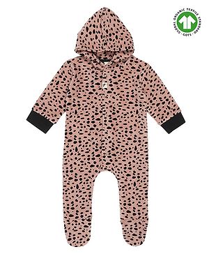 Turtledove London Hooded & Footed Full Sleeves Romper Leopard Print - Beige Black