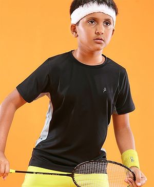 Pine Active High stretch Half Sleeves Solid T-Shirt with Breathable Side Mesh Panel - Black