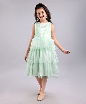 Pine Kids Sleeveless Layered Party Wear Dress with Embellishment- Glass Blue