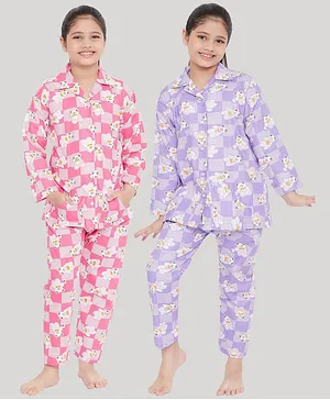 KYDZI Pack Of 2 Full Sleeves Checkered Teddy Bear Printed Night Suit  - Pink Purple