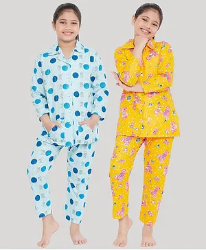 KYDZI Pack Of 2 Full Sleeves Dots And Teddy Bear Printed Night Suit - Blue Yellow