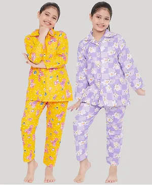 KYDZI Pack Of 2 Full Sleeves Teddy Bear Printed Night Suit - Yellow Purple