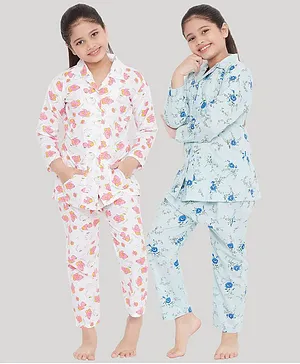 KYDZI Pack Of 2 Full Sleeves Ducks And Floral Printed Night Suit - White Blue