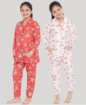 KYDZI Pack Of 2 Full Sleeves Ducks And Teddy Bear Printed Night Suit - Peach White