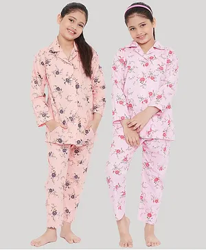 KYDZI Pack Of 2 Full Sleeves All Over Floral Printed Shirt & Pyjama - Peach & Pink