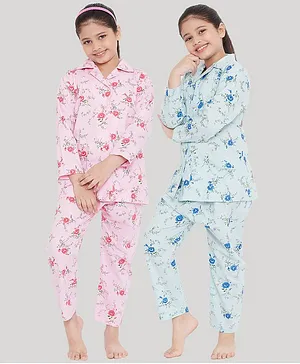 KYDZI Pack Of 2 Full Sleeves All Over Floral Printed Shirt & Pyjama - Pink & Blue