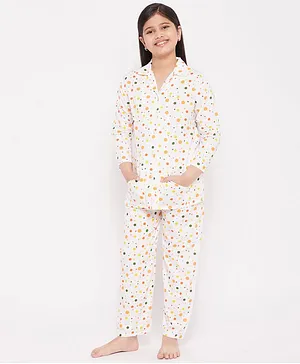 KYDZI Full Sleeves Polka Dot Printed Shirt With Pyjama - Orange