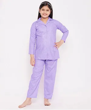KYDZI Full Sleeves Polka Dot Printed Shirt With Pyjama - Purple