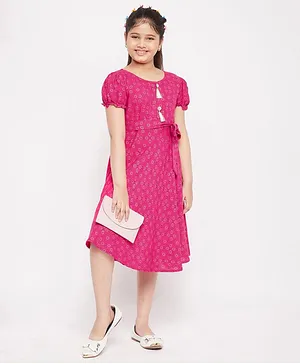 KYDZI Short Puffed Sleeves Lattice Foil Printed Fit & Flare Tassel Detailed Dress - Pink