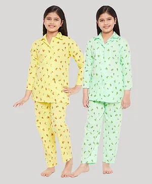 KYDZI Pack of 2 Full Sleeves Floral Printed Night Suit - Yellow Sea Green