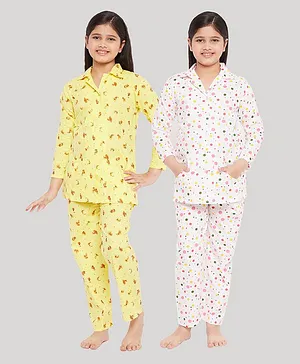 KYDZI Pack of 2 Full Sleeves Floral And Dots Printed Night Suit - Yellow Pink