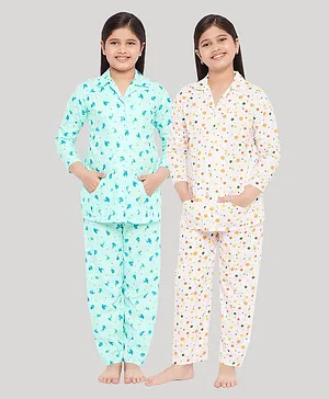 KYDZI Pack Of 2 Full Sleeves Floral And Dots Printed Night Suit - Blue Orange