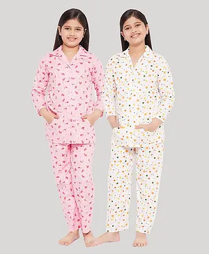 KYDZI Pack Of 2 Floral & Polka Dots Printed Night Suit - Pink & Orange
