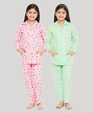 KYDZI Pack Of 2 Flowers Polka Dots Printed & Striped Night Suit - Pink & Sea Green