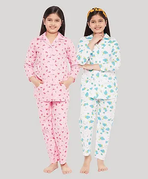 KYDZI Pack Of 2 Full Sleeves All Over Floral & Duck Printed Shirt With Pyjama - Pink & Blue