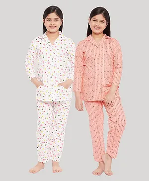 KYDZI Pack Of 2 Full Sleeves Polka Dots Printed & Striped Night Suit - Pink & Peach
