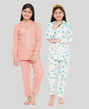 KYDZI Pack Of 2 Full Sleeves All Over Broken Striped & Duck Printed Shirt With Pyjama - Peach & Blue