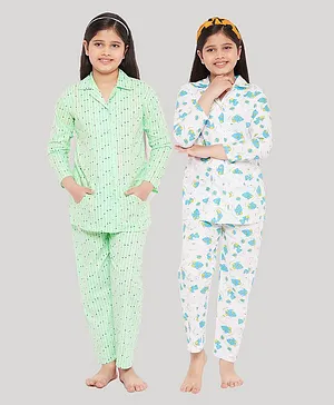 KYDZI Pack Of 2 Full Sleeves All Over Broken Striped & Duck Printed Shirt With Pyjama - Green & Blue
