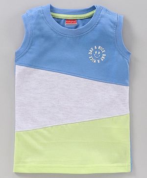 Babyhug Cotton Sleeveless T-Shirt Colour Blocked - White Melange & Blue