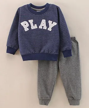 Simply Full Sleeves Winterwear Striped T-Shirt And Lounge Pants Set Text Print - Blue